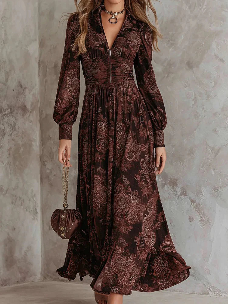 V-Neck Print Long Sleeve Maxi Dress | Wovetsa