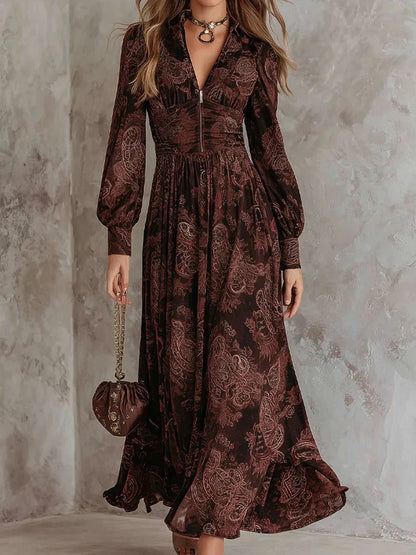 V-Neck Print Long Sleeve Maxi Dress | Wovetsa