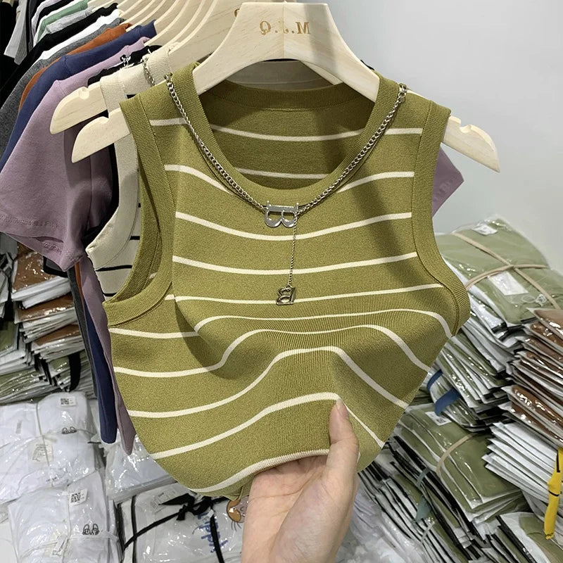 Striped Knit Sleeveless Top | Wovetsa