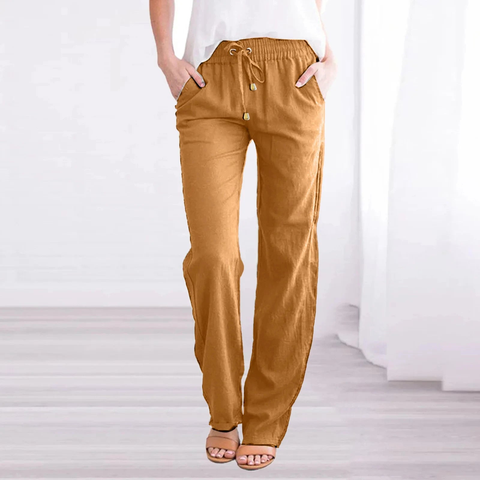 Linen-Blend Drawstring Wide-Leg Pants | Wovetsa