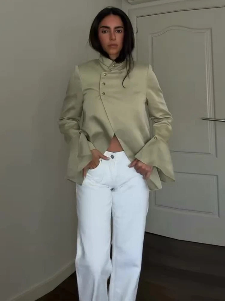 Ruffle Stand Collar Asymmetric Blazer | Wovetsa
