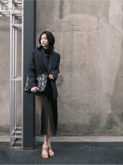 Pinstripe Shoulder-Padded Oversized Blazer | Wovetsa