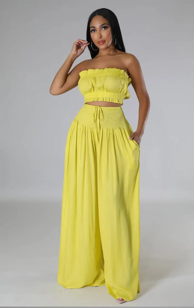 Women's Two Piece Pants Set Summer Casual Matching Outfit Sleeveless Top High Waist Wide Leg Pants