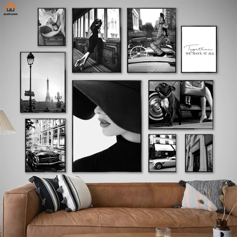 Black & White Luxury Car Paris Street Canvas Wall Art | Wovetsa