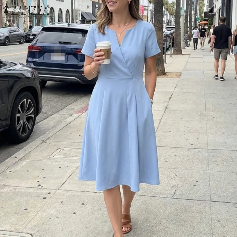 Women's Elegant V Neck A-Line Midi Dress | Short Sleeve Minimal Summer Dress