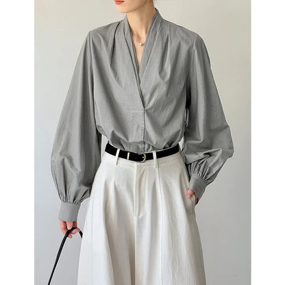 V-Neck Puff Sleeve Cotton Linen Blouse | Wovetsa