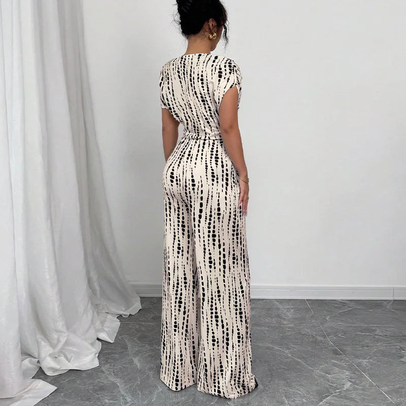 Printed Short-Sleeve Wide-Leg Jumpsuit | Wovetsa