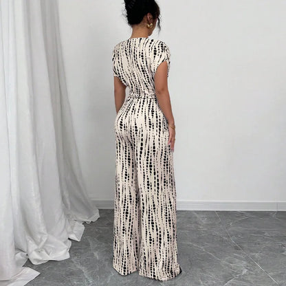 Printed Short-Sleeve Wide-Leg Jumpsuit | Wovetsa