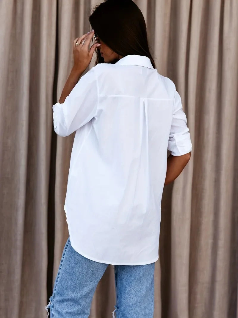 Plus Size V-Neck Button-Up Long Sleeve Blouse | Wovetsa