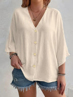 Plus Size V-Neck Button Detail Long Sleeve Blouse | Wovetsa