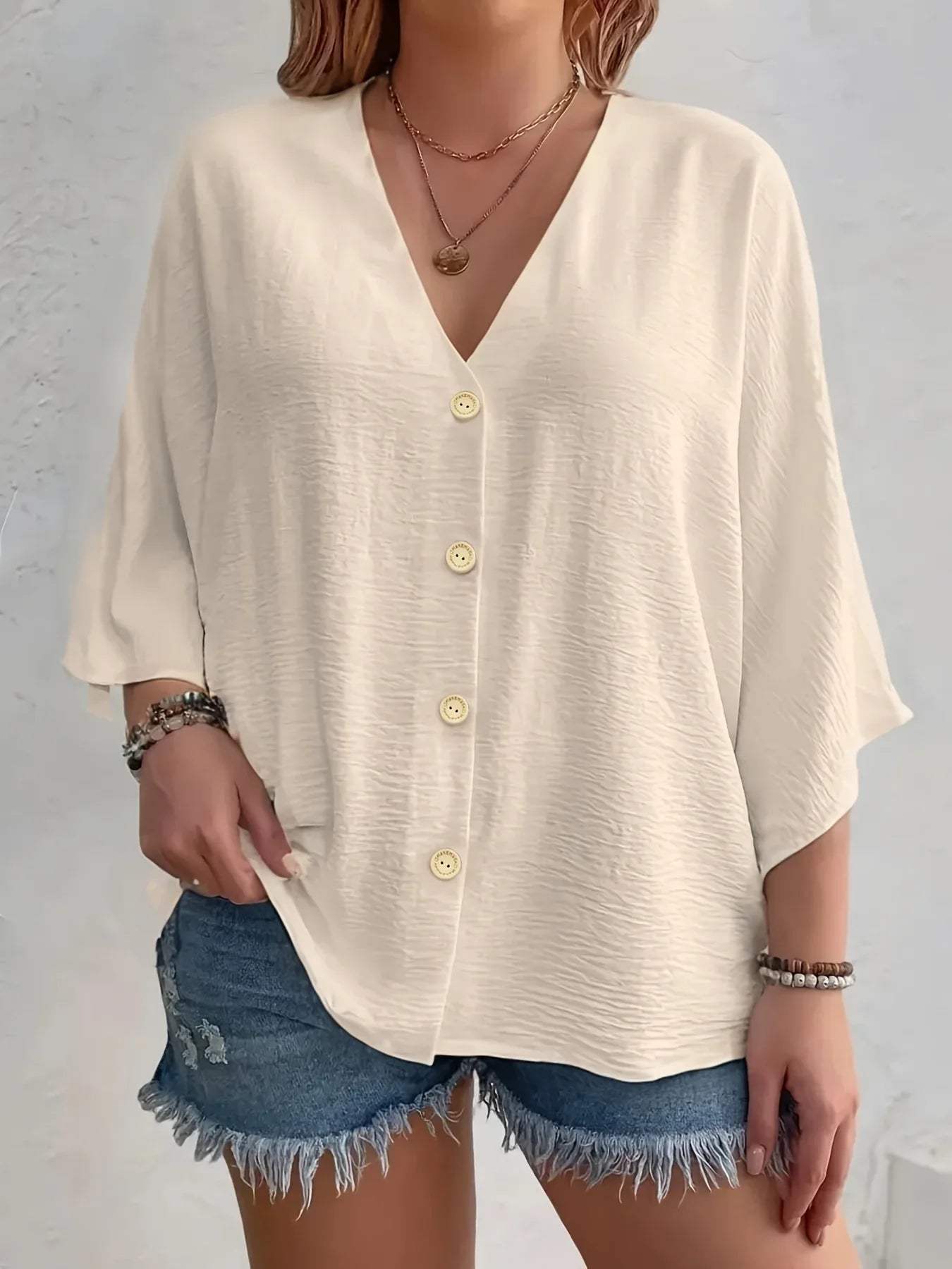 Plus Size V-Neck Button Detail Long Sleeve Blouse | Wovetsa