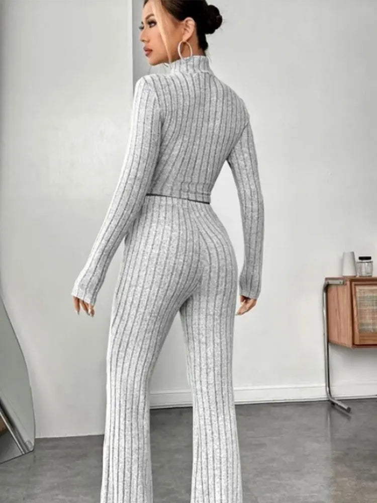 Stand Collar Crop Top & Trumpet Pants Set | Wovetsa