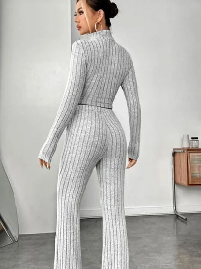 Stand Collar Crop Top & Trumpet Pants Set | Wovetsa