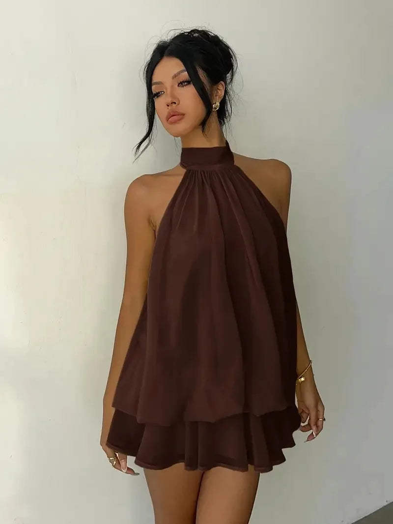 Halter Neck Backless Tie-Front Mini Dress | Wovetsa