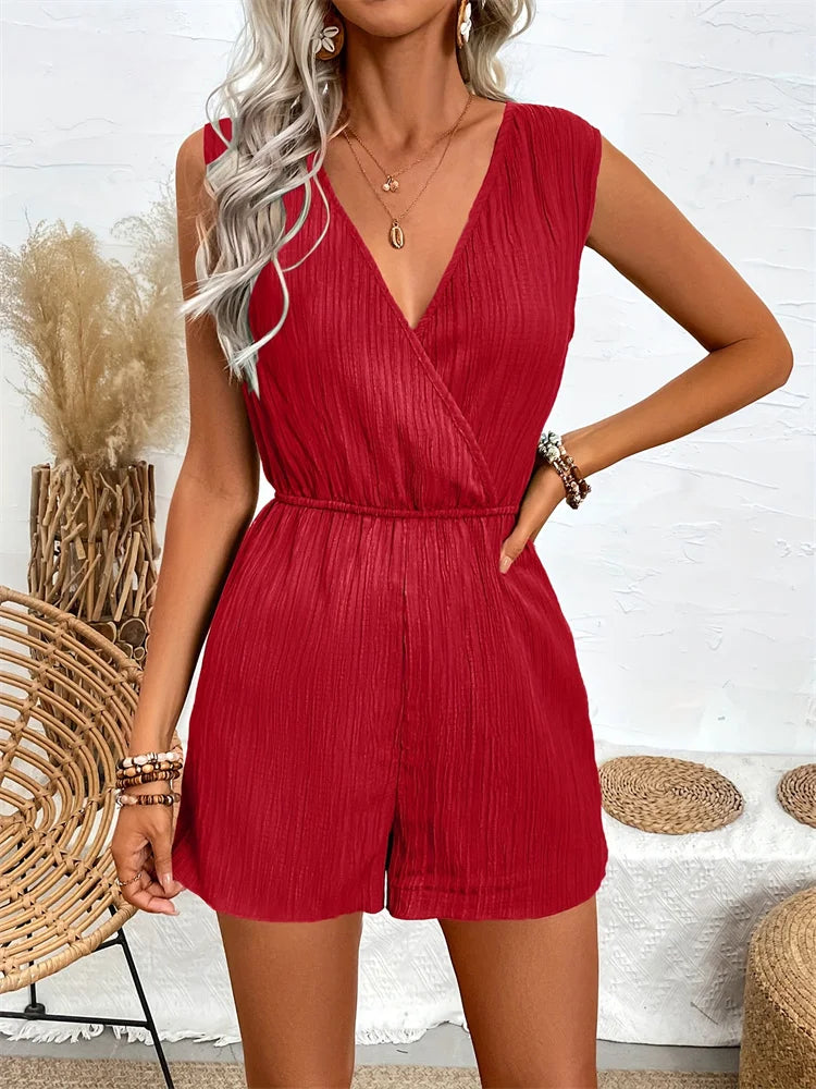 Cross V-Neck Herringbone Romper | Wovetsa
