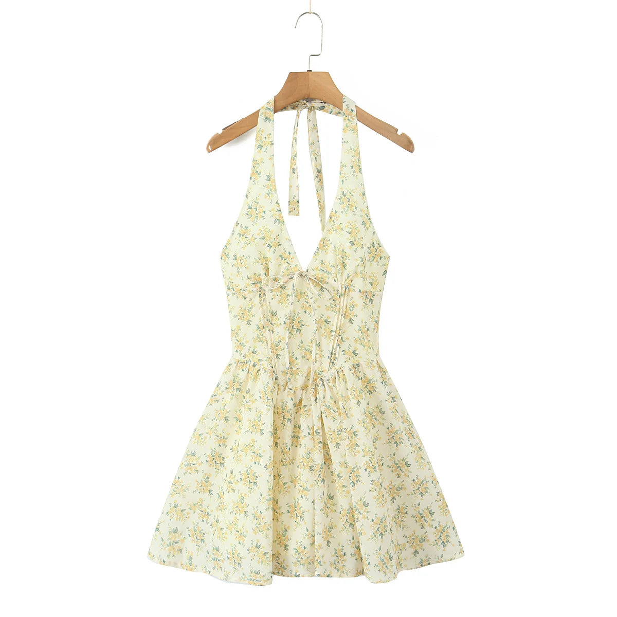 Women's Yellow Floral Halter Mini Dress – Elegant Summer Fit & Flare Style