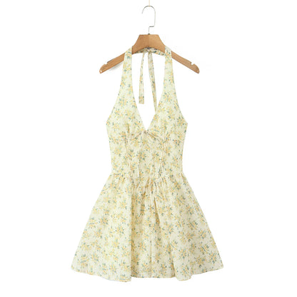 Women's Yellow Floral Halter Mini Dress – Elegant Summer Fit & Flare Style