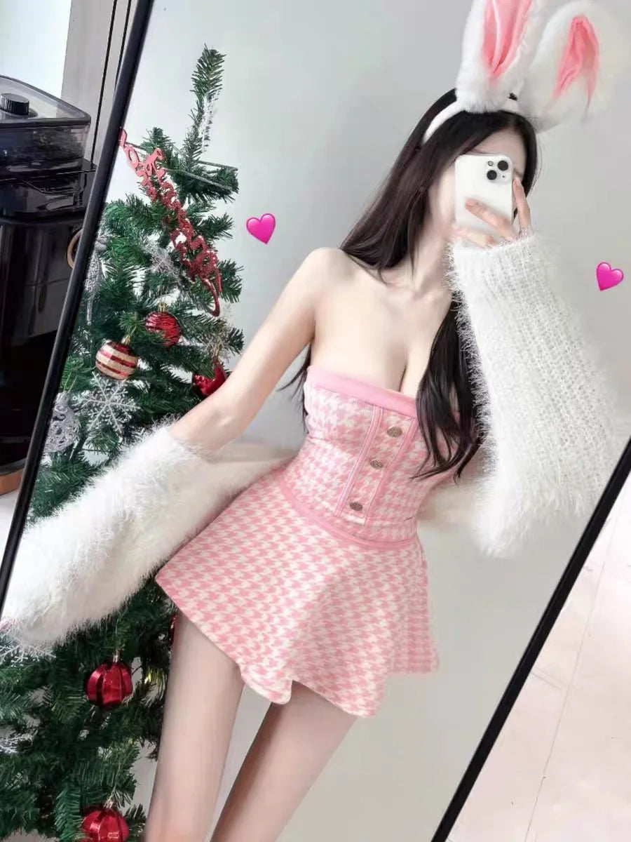 Dongda Gate New Style Women's Fashion Set Pure Desire Shoulder Bared Tube Top Vest High Waist Short Skirt Polyester Fiber