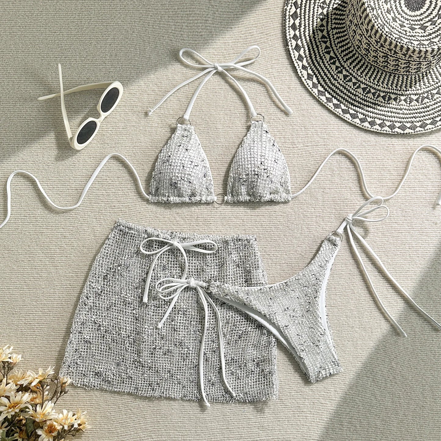 Halter Strappy Hollow-Out 3-Piece Bikini Set with Skirt | Wovetsa