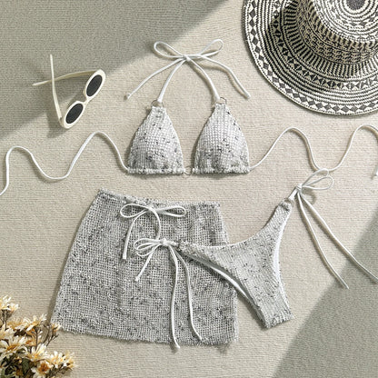 Halter Strappy Hollow-Out 3-Piece Bikini Set with Skirt | Wovetsa