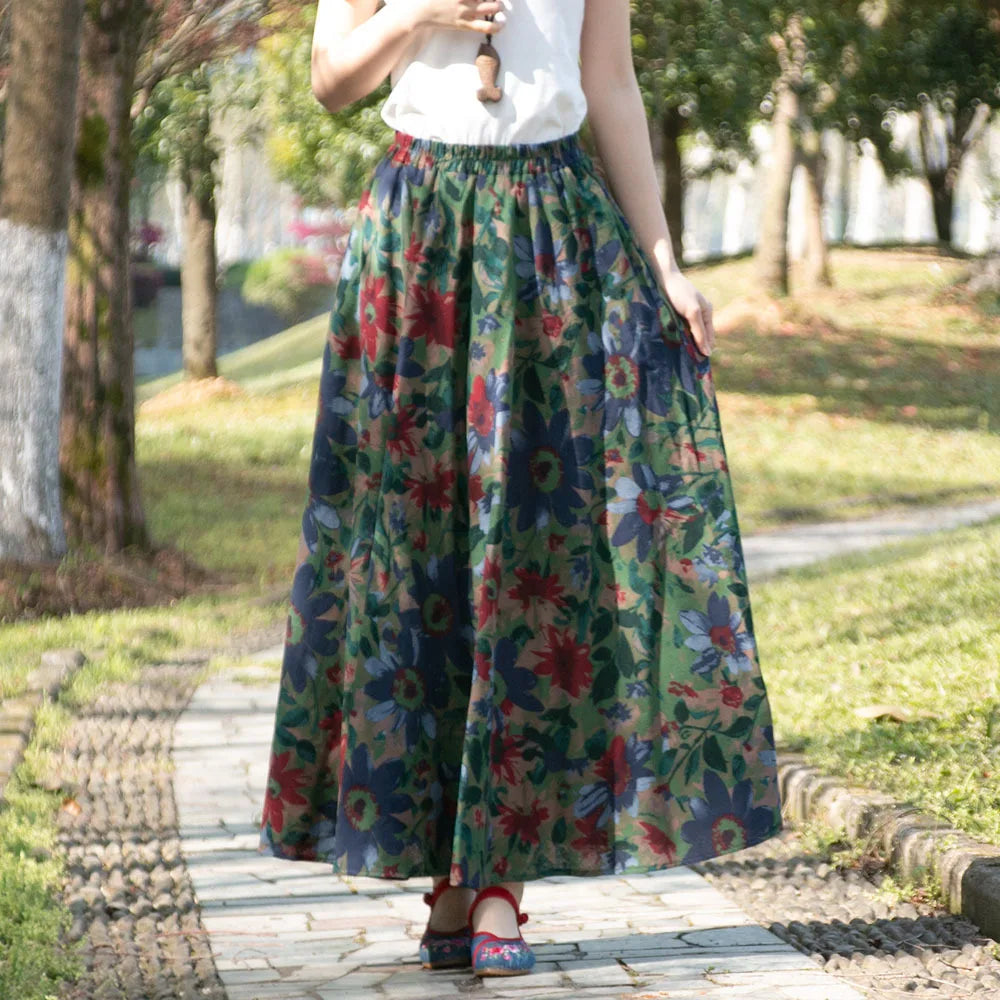 Bohemian Floral Print Cotton Linen Maxi Skirt | Wovetsa