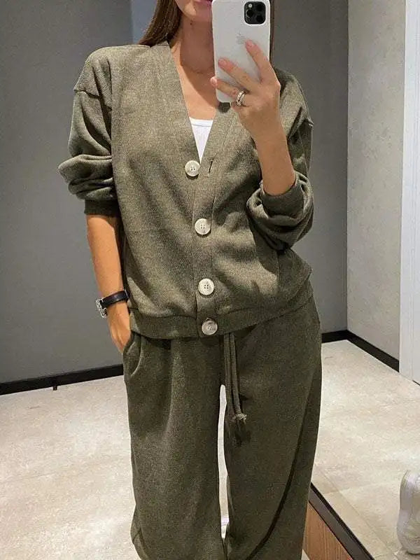 V-Neck Single-Breasted Cardigan & Pants Set | Wovetsa