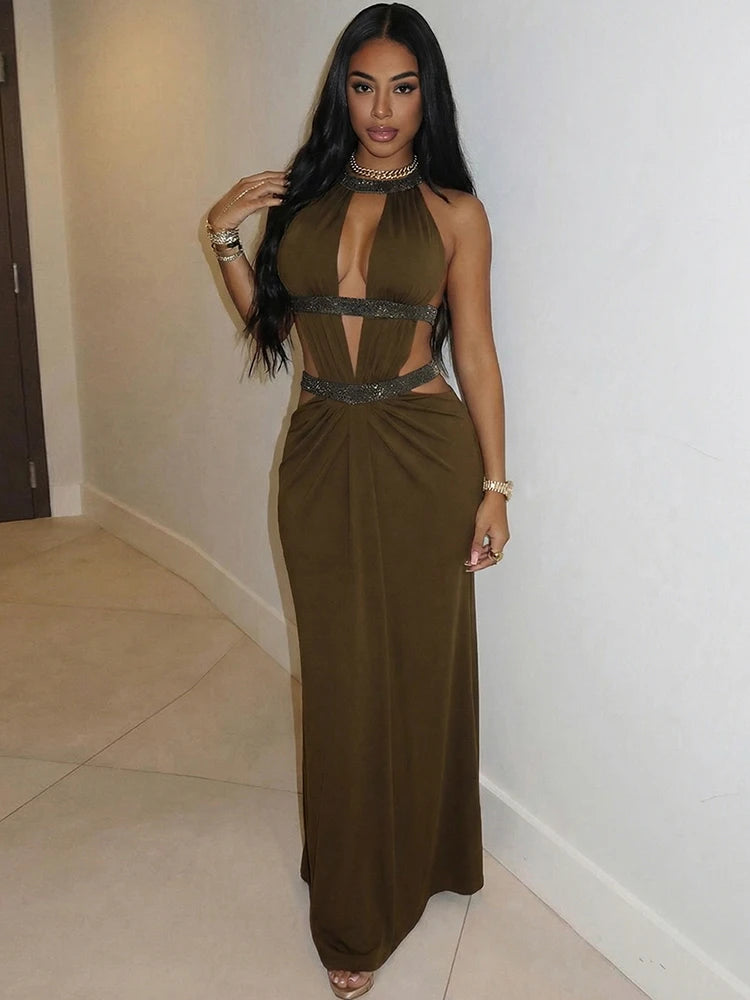 Hollow-Out Halter Backless Maxi Dress | Wovetsa