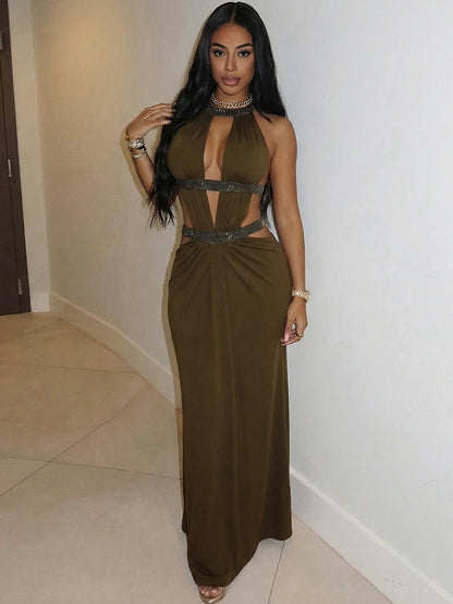 Hollow-Out Halter Backless Maxi Dress | Wovetsa