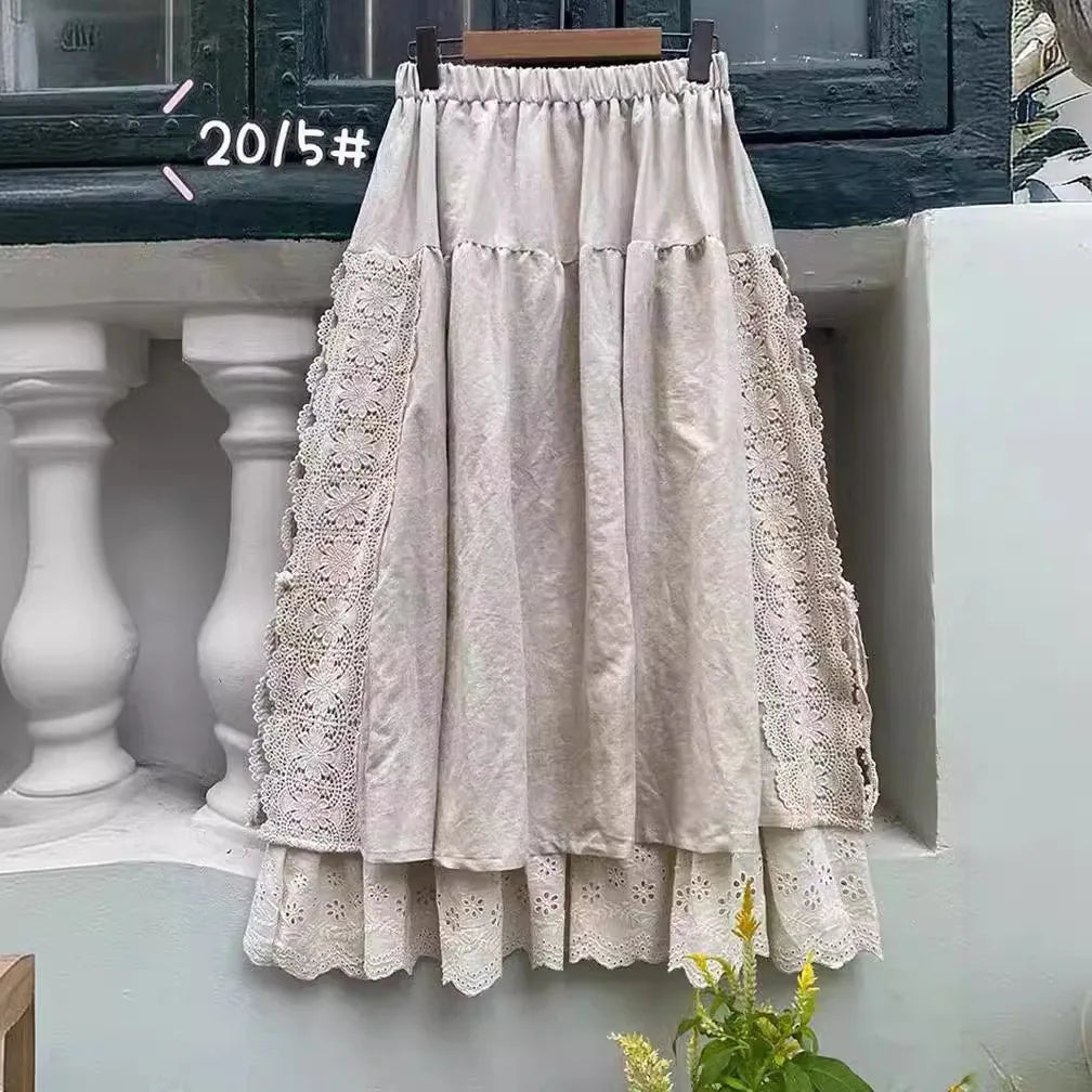 Lace Embroidery Cotton Linen Pleated Skirt | Wovetsa