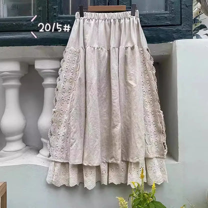 Lace Embroidery Cotton Linen Pleated Skirt | Wovetsa