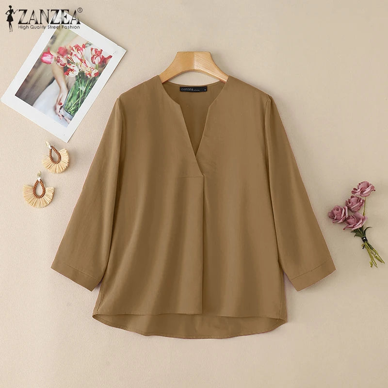 V-Neck 3/4 Sleeve Cotton Blouse | Wovetsa