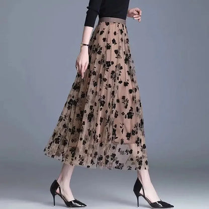 Floral Mesh High Waist A-Line Midi Dress | Wovetsa