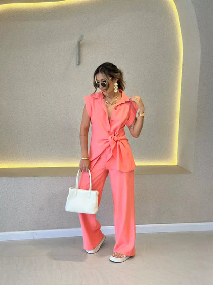 Sleeveless Shirt & Wide-Leg Pant Set | Wovetsa