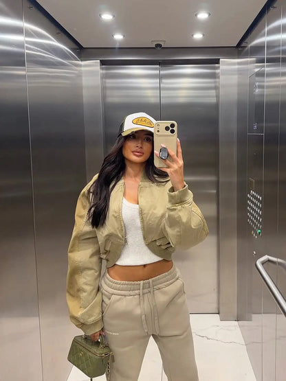 Khaki Lapel Zip Cropped Bomber Jacket | Wovetsa