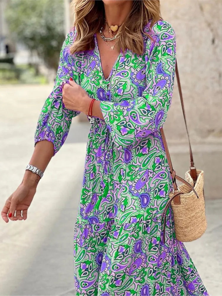 Printed V-Neck Bohemian Maxi Dress | Wovetsa