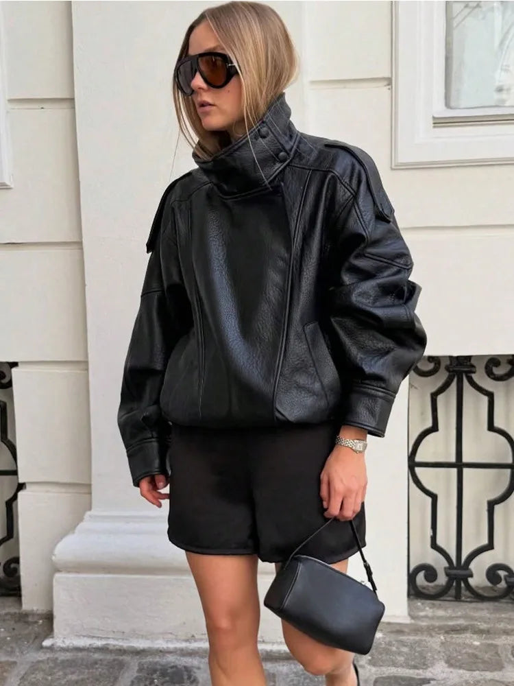 Drop-Shoulder PU Leather Moto Jacket | Wovetsa