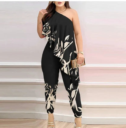 Diagonal Shoulder Ruffle Wide Leg Jumpsuit | Wovetsa