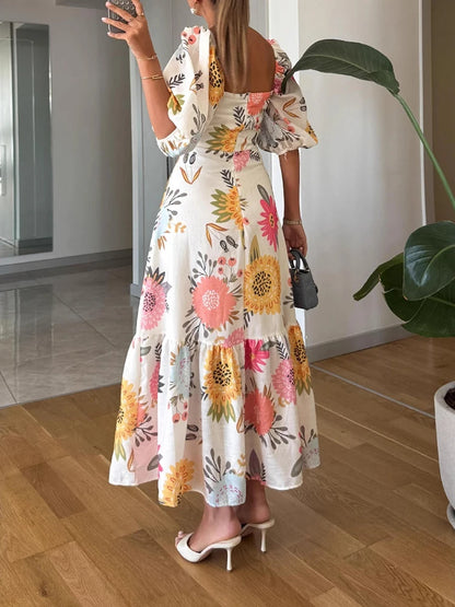 Square Neck Puff Sleeve A-Line Midi Dress | Wovetsa