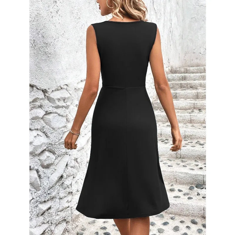 V-Neck Cross-Front Pleated Sleeveless Dress | Wovetsa