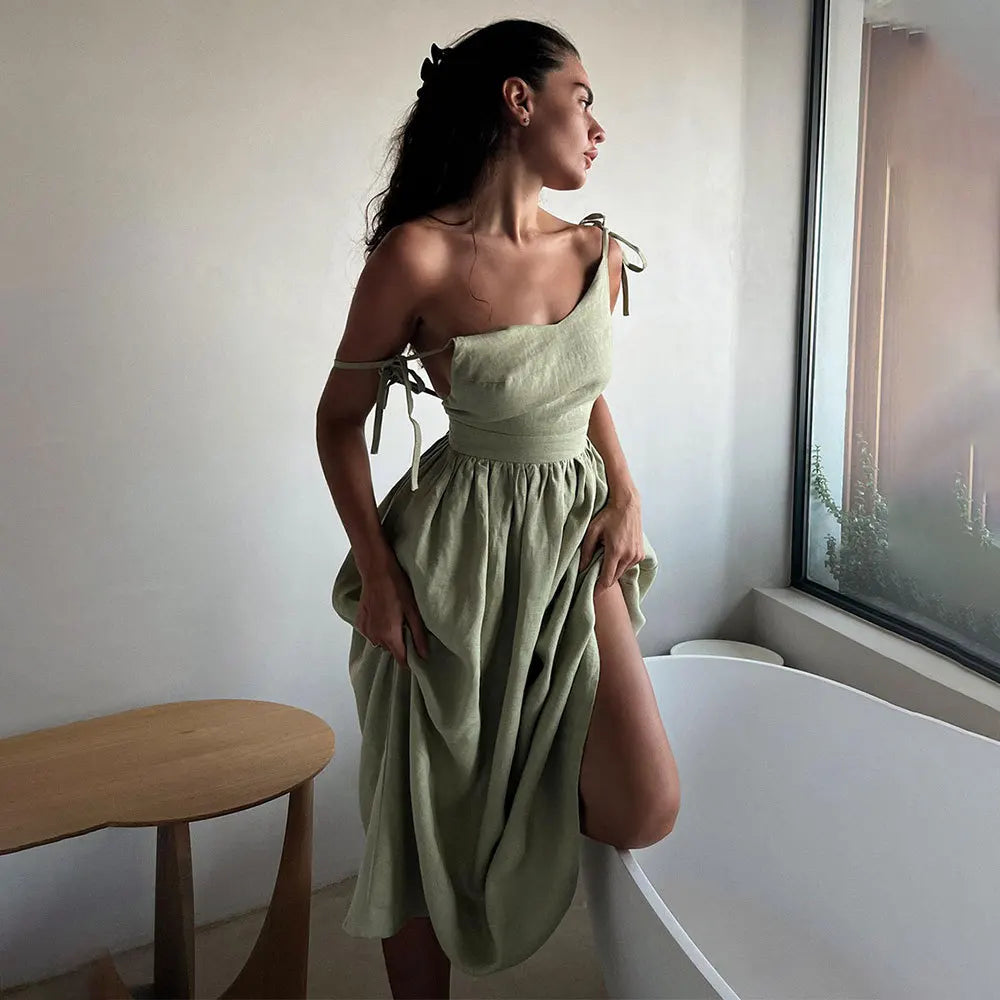 Backless Cotton V-Neck Maxi Dress | Wovetsa
