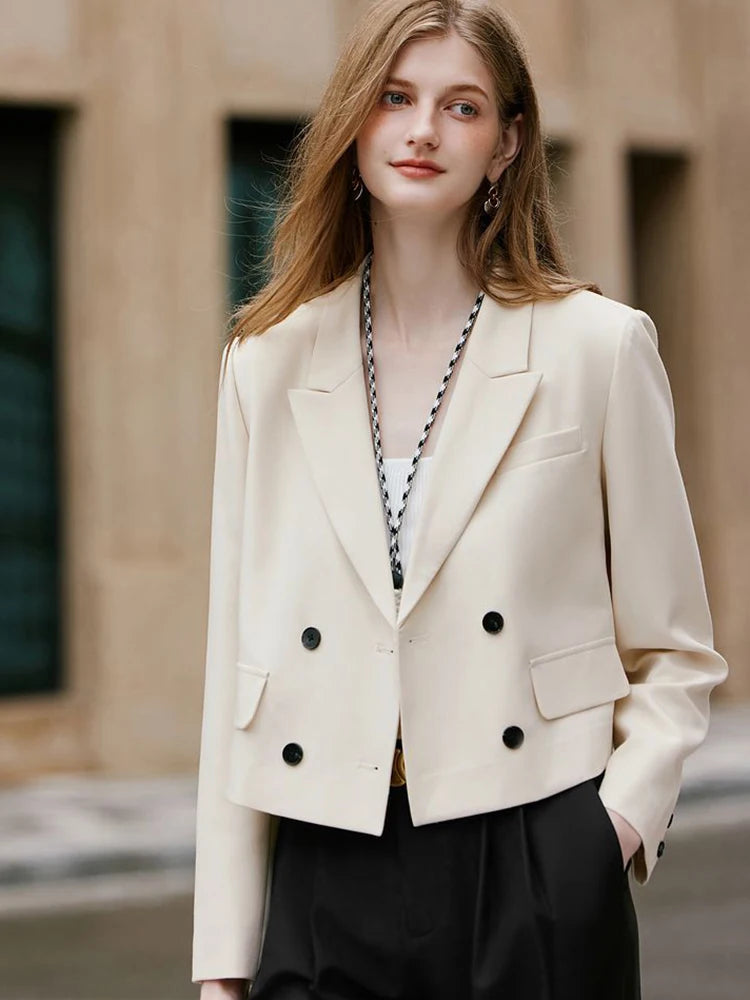 Women Crop Blazers Solid Simple Office Lady Spring Autumn Long Sleeve Suit Jacket Double Breasted Fashion Elegant Female Coat