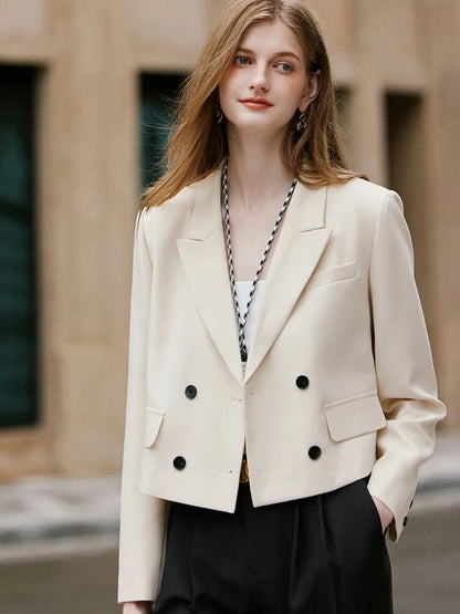 Women Crop Blazers Solid Simple Office Lady Spring Autumn Long Sleeve Suit Jacket Double Breasted Fashion Elegant Female Coat