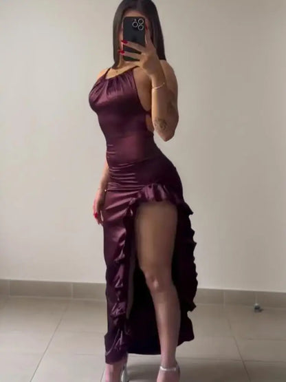 Y2K Asymmetric Halter Maxi Dress | Wovetsa