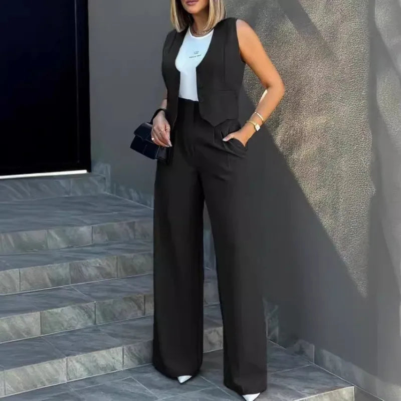 Sleeveless Vest & Wide Leg Pants Set | Wovetsa