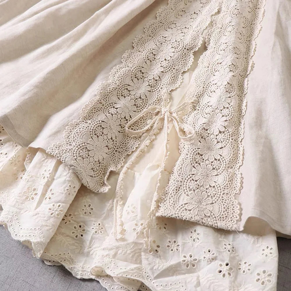Lace Embroidery Cotton Linen Pleated Skirt | Wovetsa