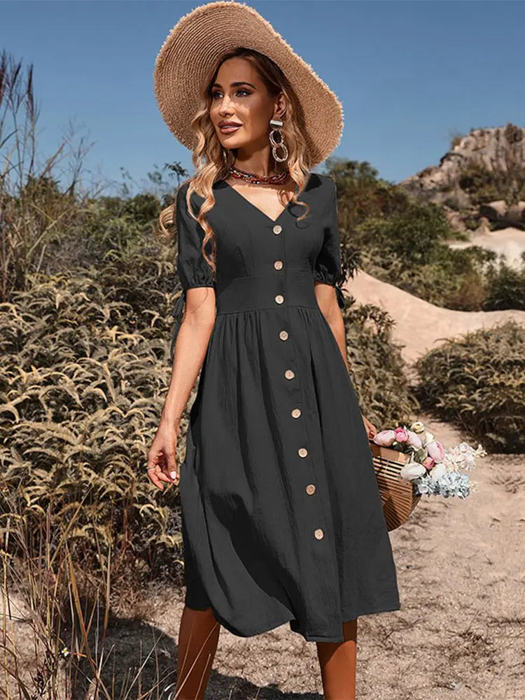 V-Neck Linen Blend A-Line Midi Dress | Wovetsa