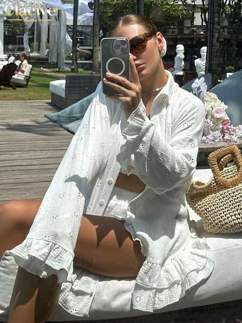 Cotton Long Sleeve Shirt & High-Waist Shorts 3-Piece Set | Wovetsa