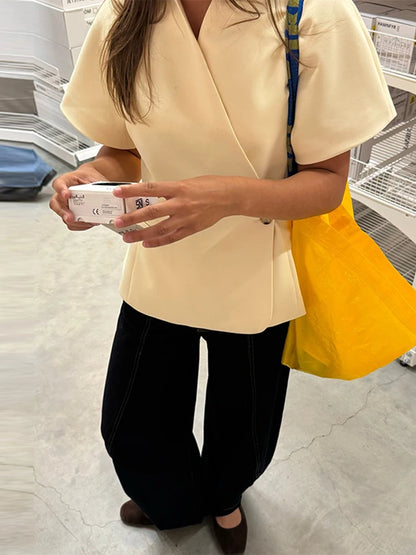 Short Sleeve V-Neck Peplum Blazer | Wovetsa
