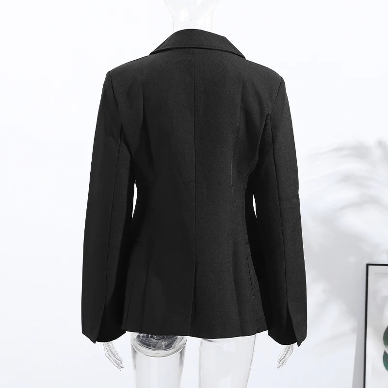 Elegant Women's Black Slim Blazer Fashion Lapel Shoulder Pads Full Sleeve Pockets Female Jacket 2025 New Office Lady Streetwear