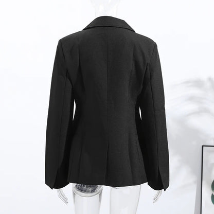 Elegant Women's Black Slim Blazer Fashion Lapel Shoulder Pads Full Sleeve Pockets Female Jacket 2025 New Office Lady Streetwear